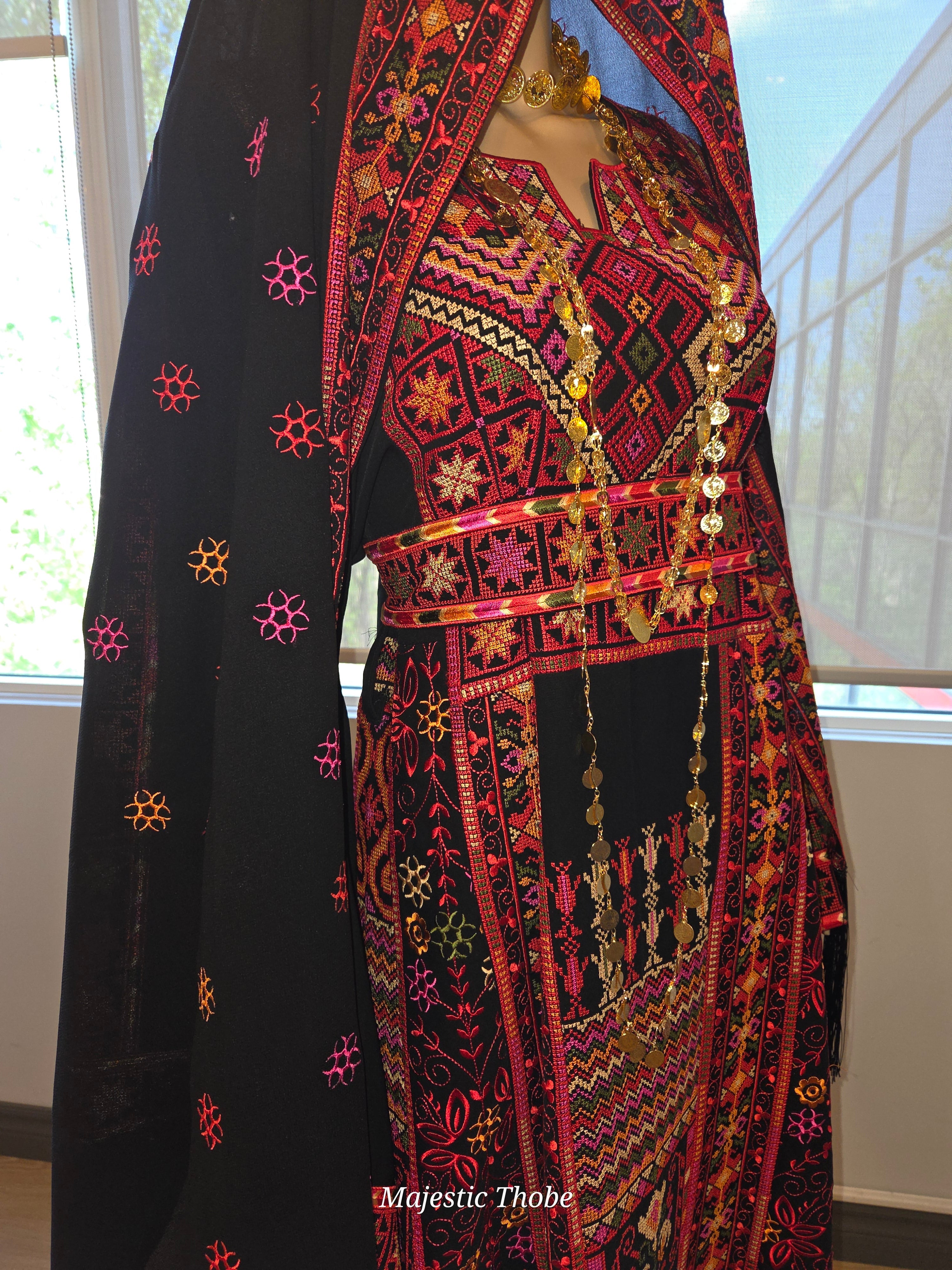 The Carmen Thobe - Palestinian Embroidered Black & Red Thobe with Matching Head Veil, Belt & Extra Long Sleeves | Traditional Tatreez Dress