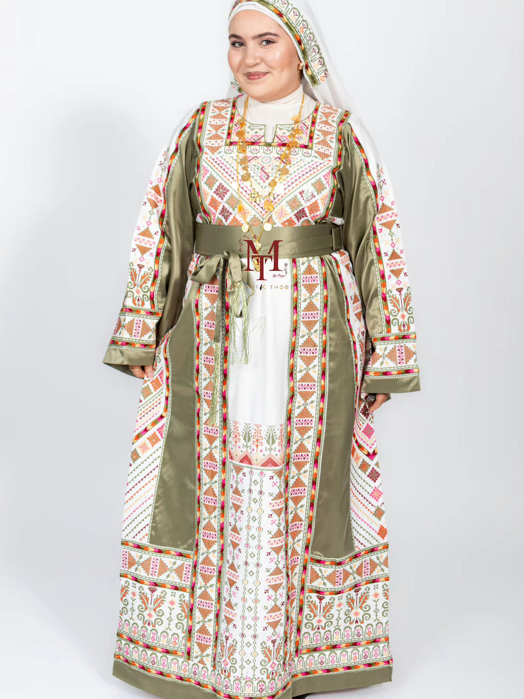 The Ella Thobe -  Green & White Diamond Traditional Full Tatreez Back and Front Thobe With Matching Head Veil