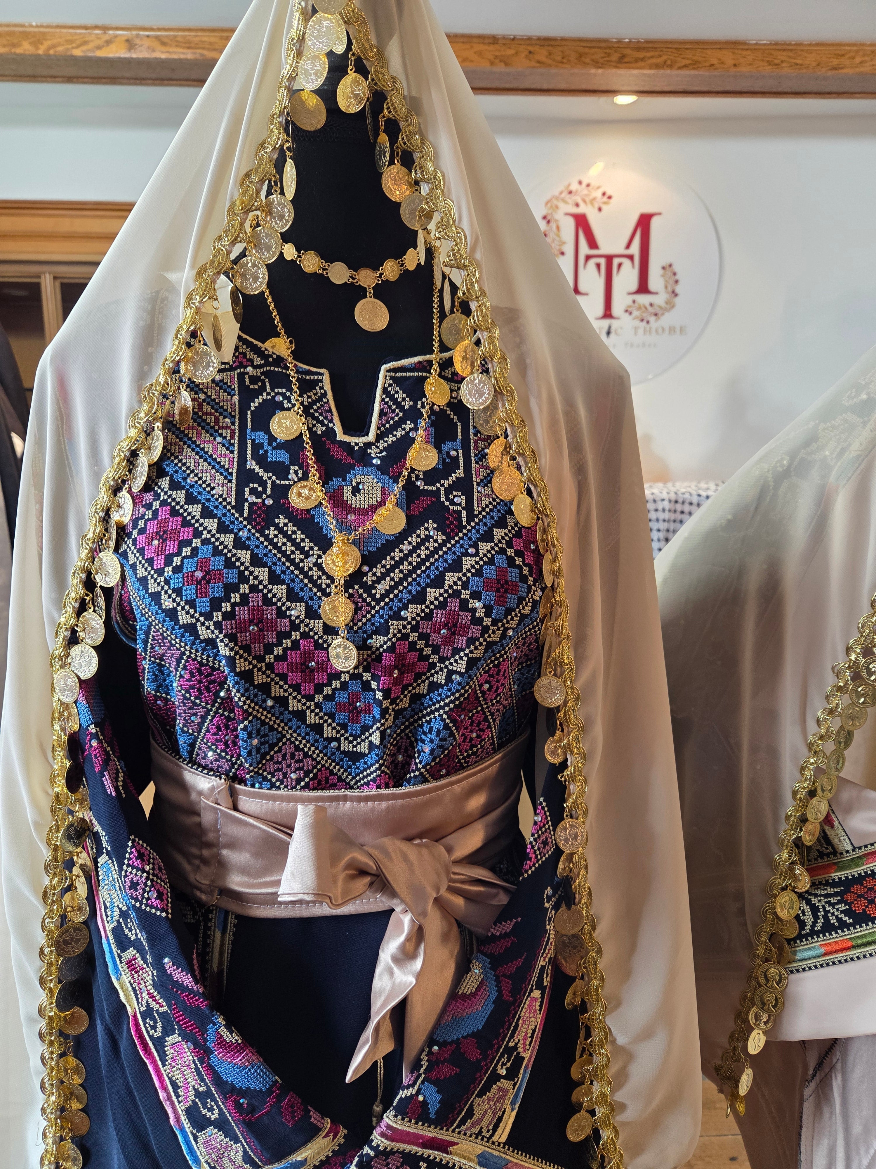 Tulip Thobe - Blue Flower Traditional Full Tatreez Back and Front Palestinian Thobe With Matching Head Veil