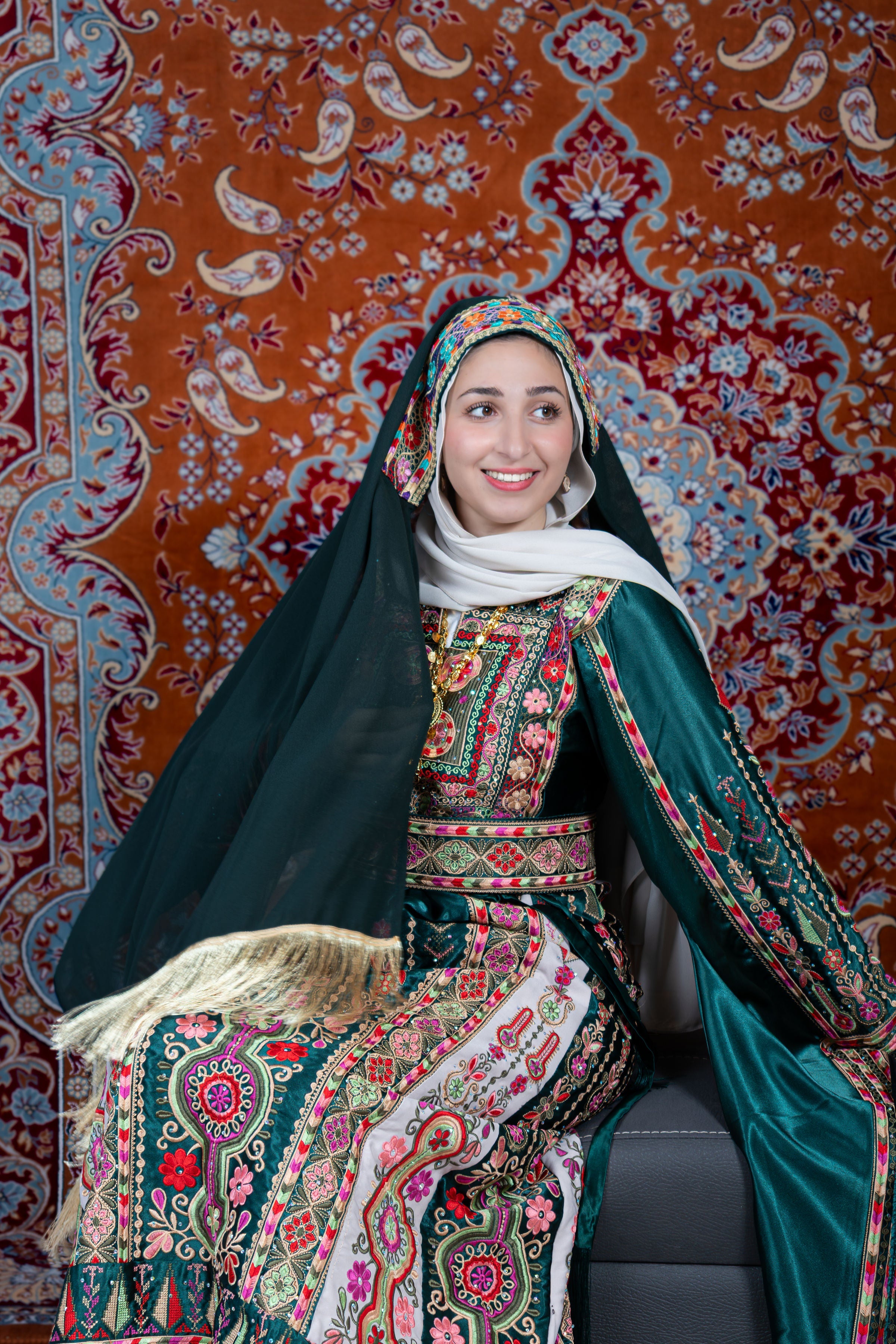 The Celine Thobe - Palestinian Embroidered  Emerald Thobe , Belt & Extra Long Sleeves | Traditional Tatreez Dress (No head Veil)