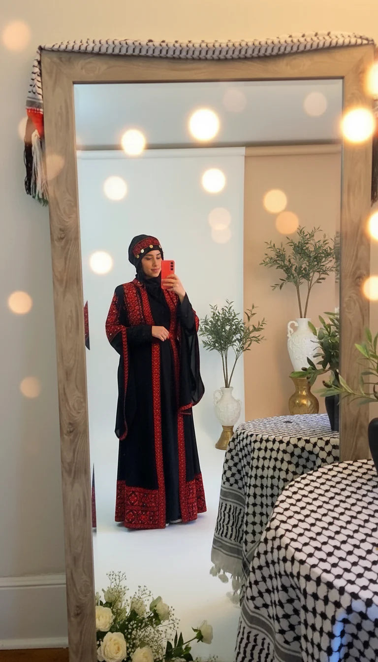 The Gaza Thobe - Red & Black Extra Long Sleeves Full Top Embroidery & Zipper Thobe (3 pieces)