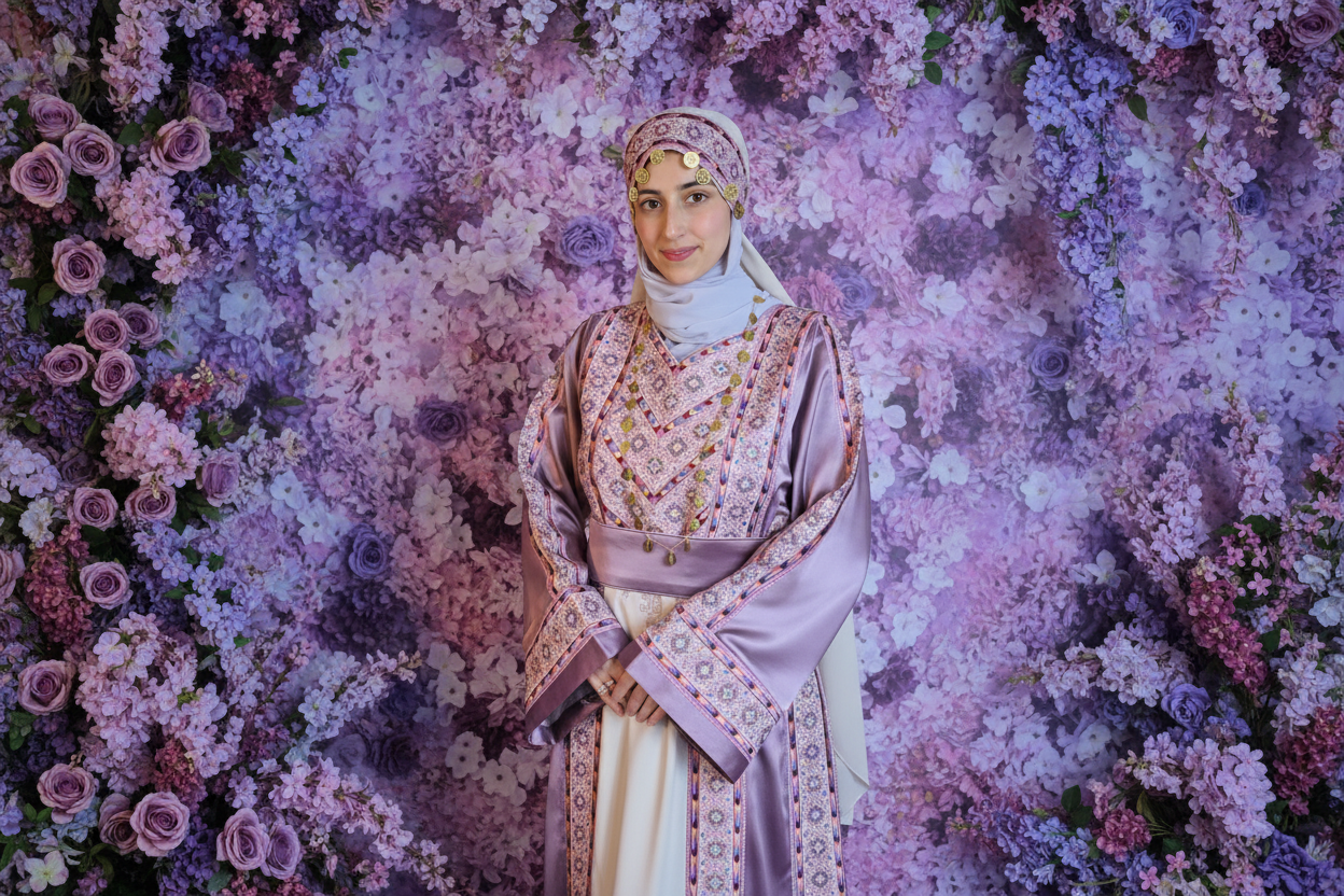 The Nabuls Thobe - Lilac and Beige Traditional Full Tatreez Thobe ( No veil)
