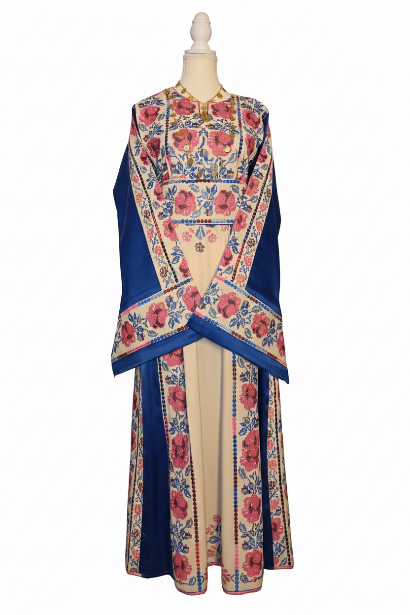 Warda Thobe - Blue & Pink Traditional Full Tatreez Back and Front With Satin Thobe