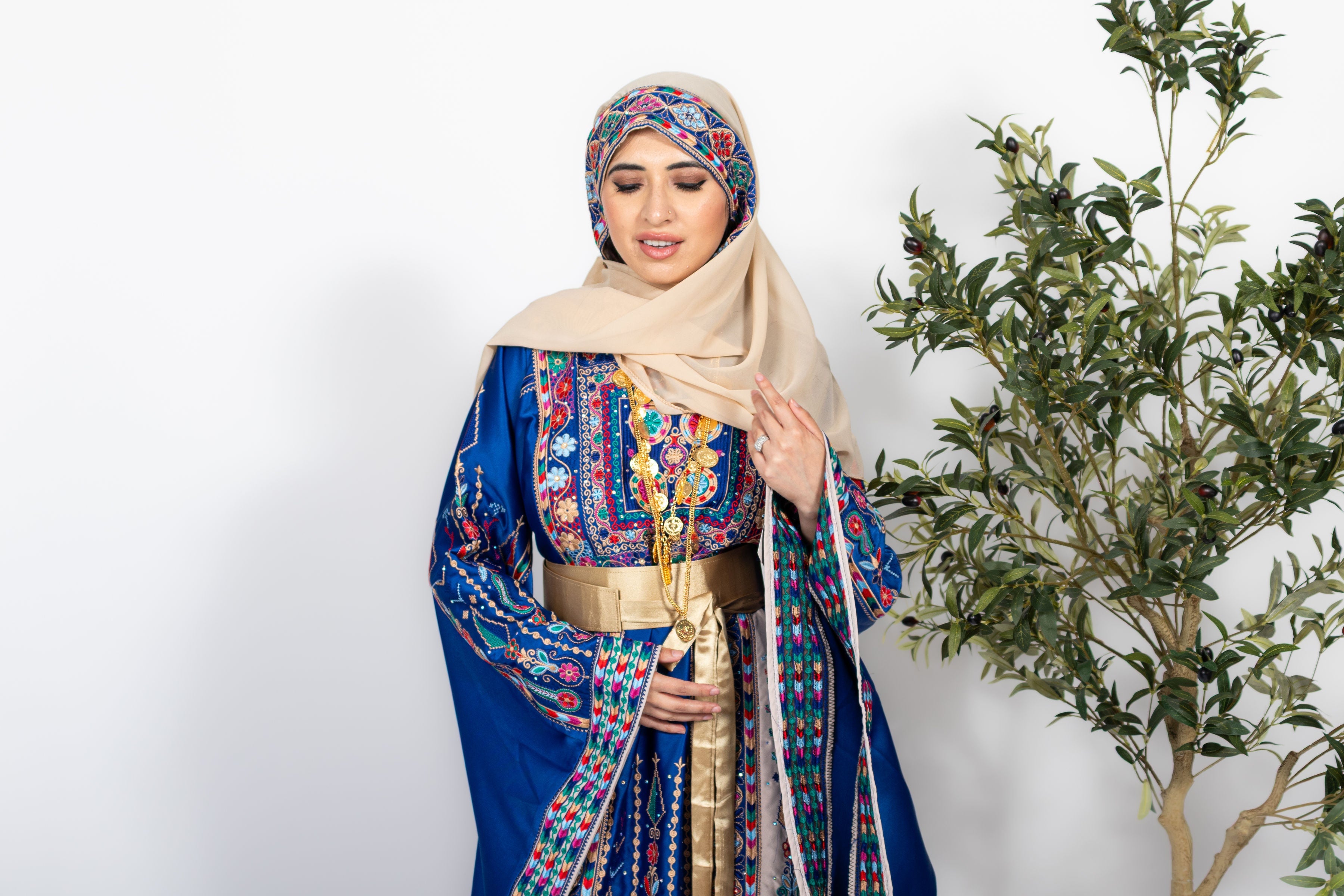 The Celine Thobe - Palestinian Embroidered Blue & Golden Thobe with Matching Head Veil, Belt & Extra Long Sleeves | Traditional Tatreez Dress
