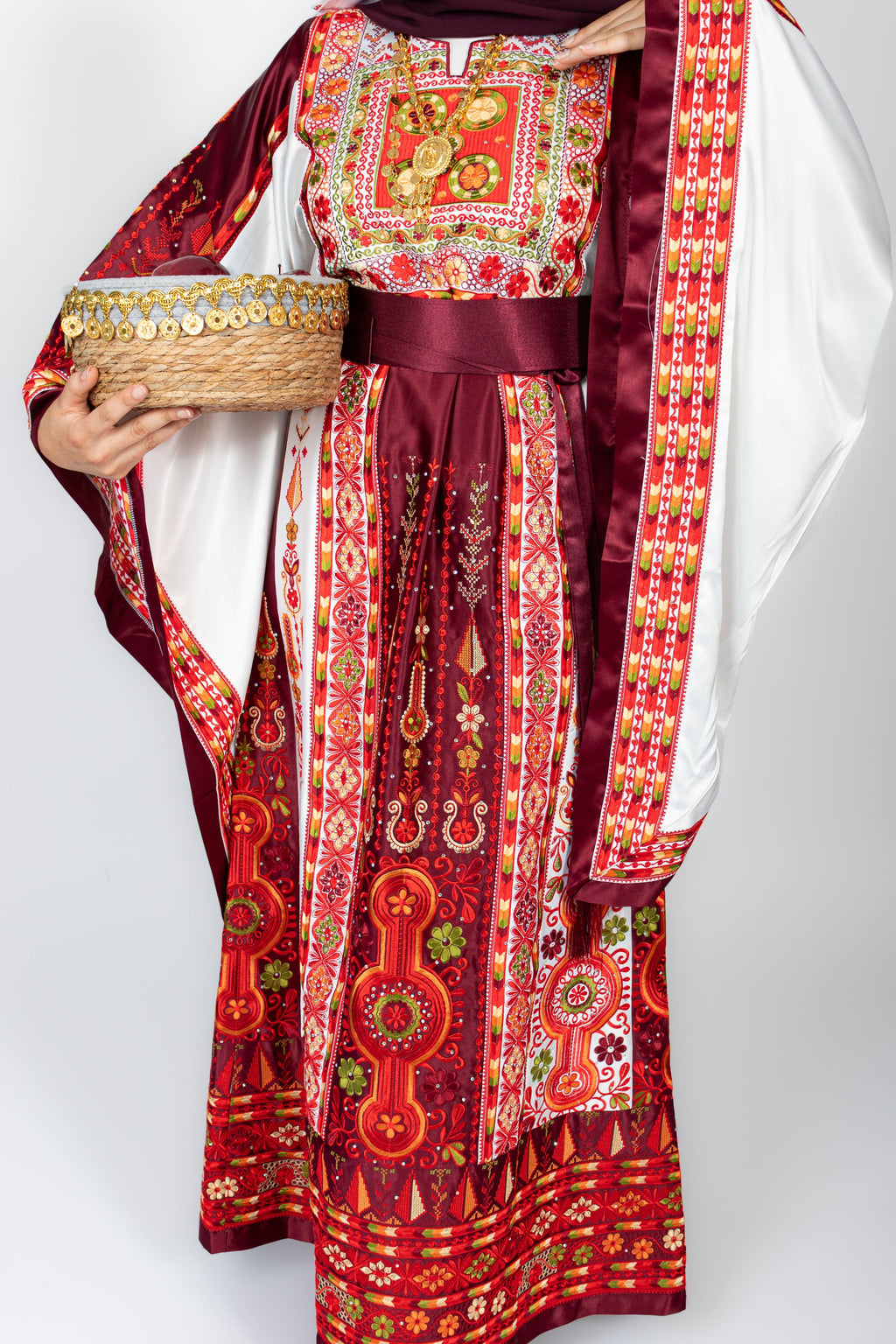 The Celine Thobe - Palestinian Embroidered White & Burgendy Thobe with Matching Head Veil, Belt & Extra Long Sleeves | Traditional Tatreez Dress