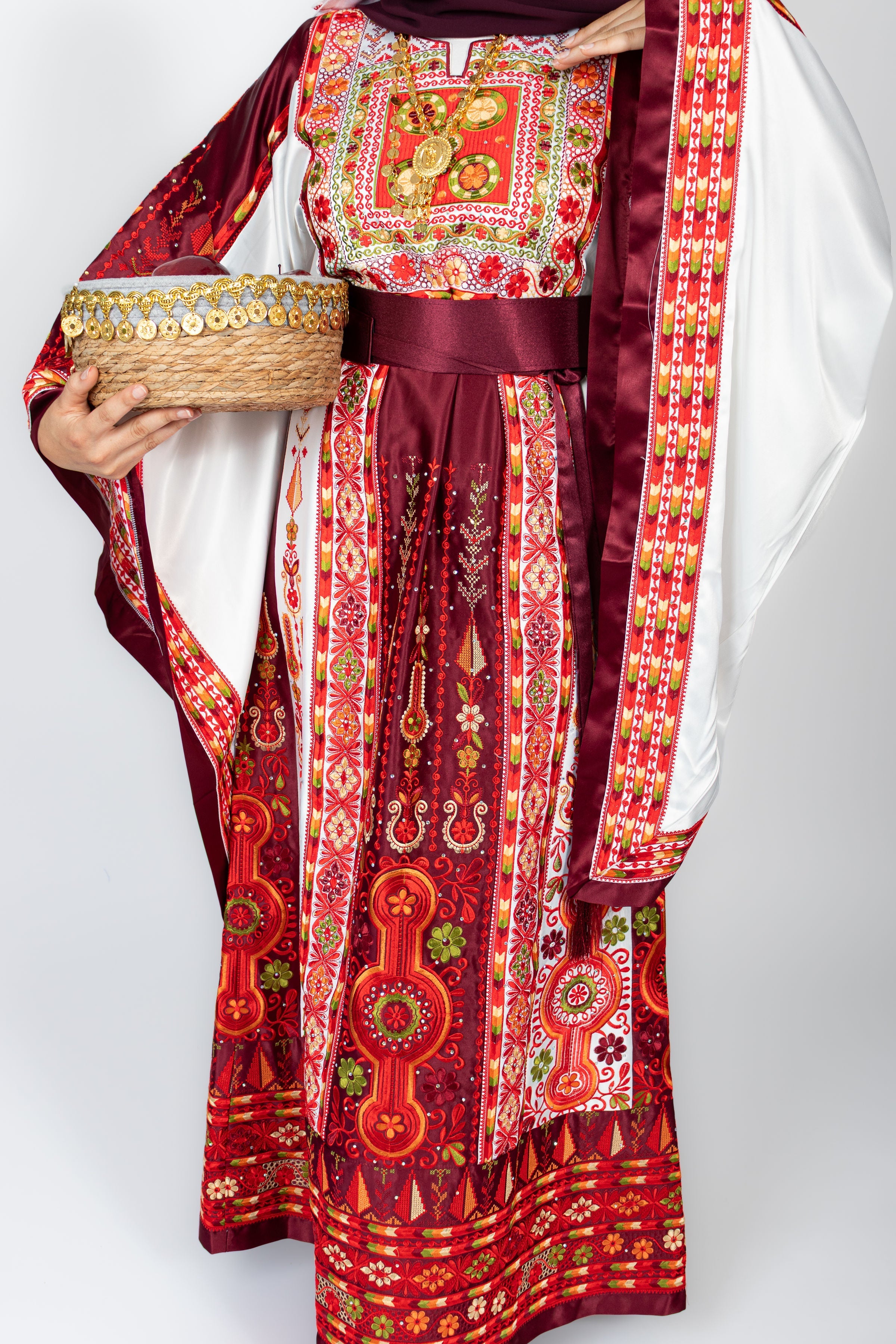 The Celine Thobe - Palestinian Embroidered White & Burgendy Thobe with Matching Head Veil, Belt & Extra Long Sleeves | Traditional Tatreez Dress