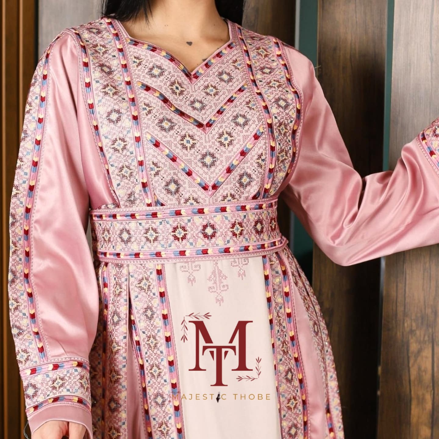 The Nabuls Thobe - Pink and Beige Traditional Full tatreez back and front Thobe (No veil)