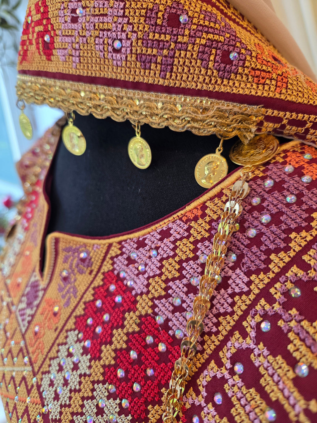 Naya Thobe - Burgundy and Gold Embroidered Tatreez Thobe with Matching Head Veil (Palestinian Thobe/ Dress)