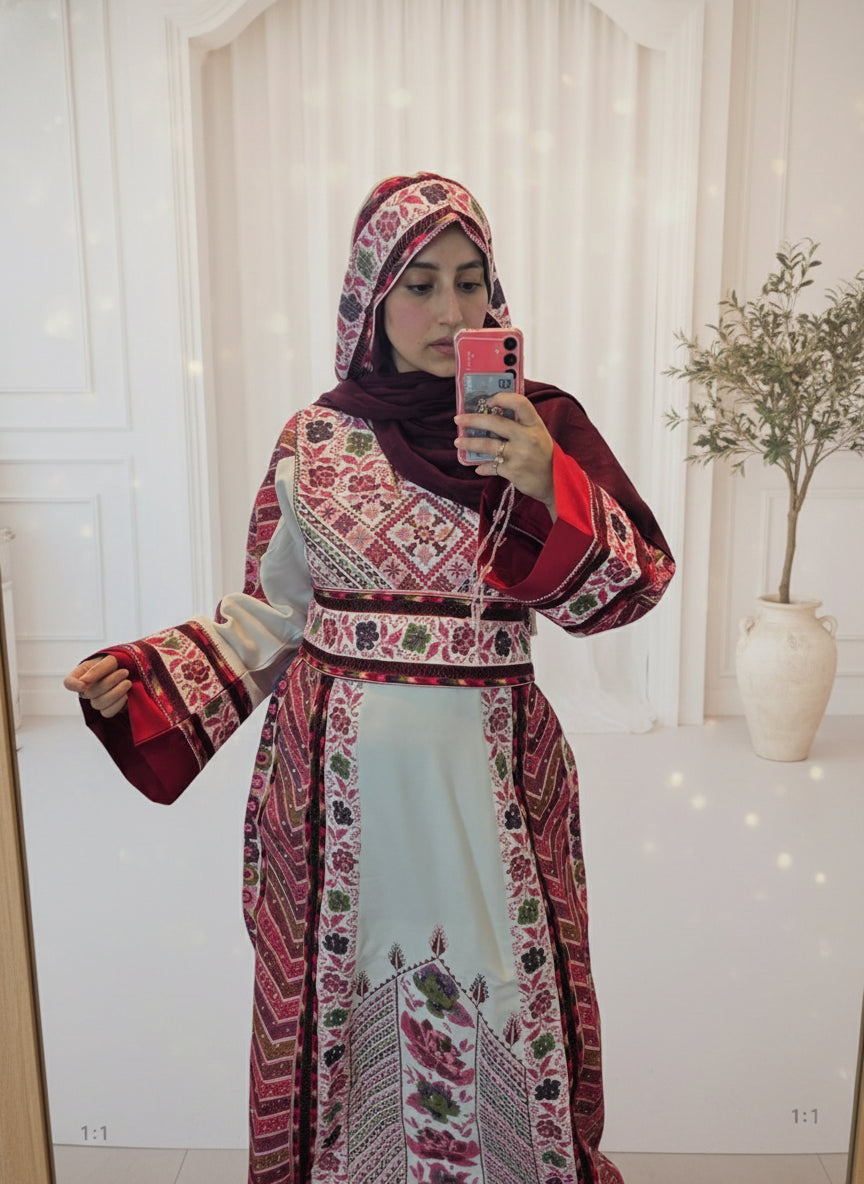 The Flora Thobe - Bridal Floral Traditional Full Tatreez back and front Thobe With Head Veil