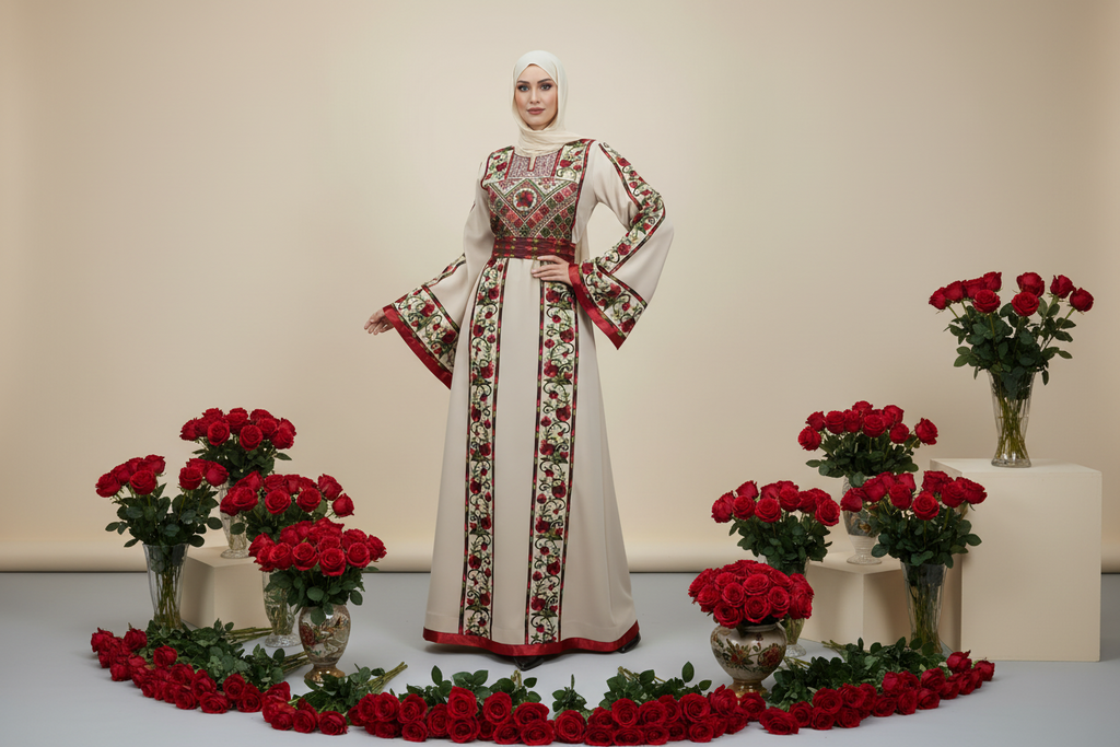 Romana Pomegranate Thobe/Dress Beige and Red Traditional Full Tatreez Back and Front Thobe