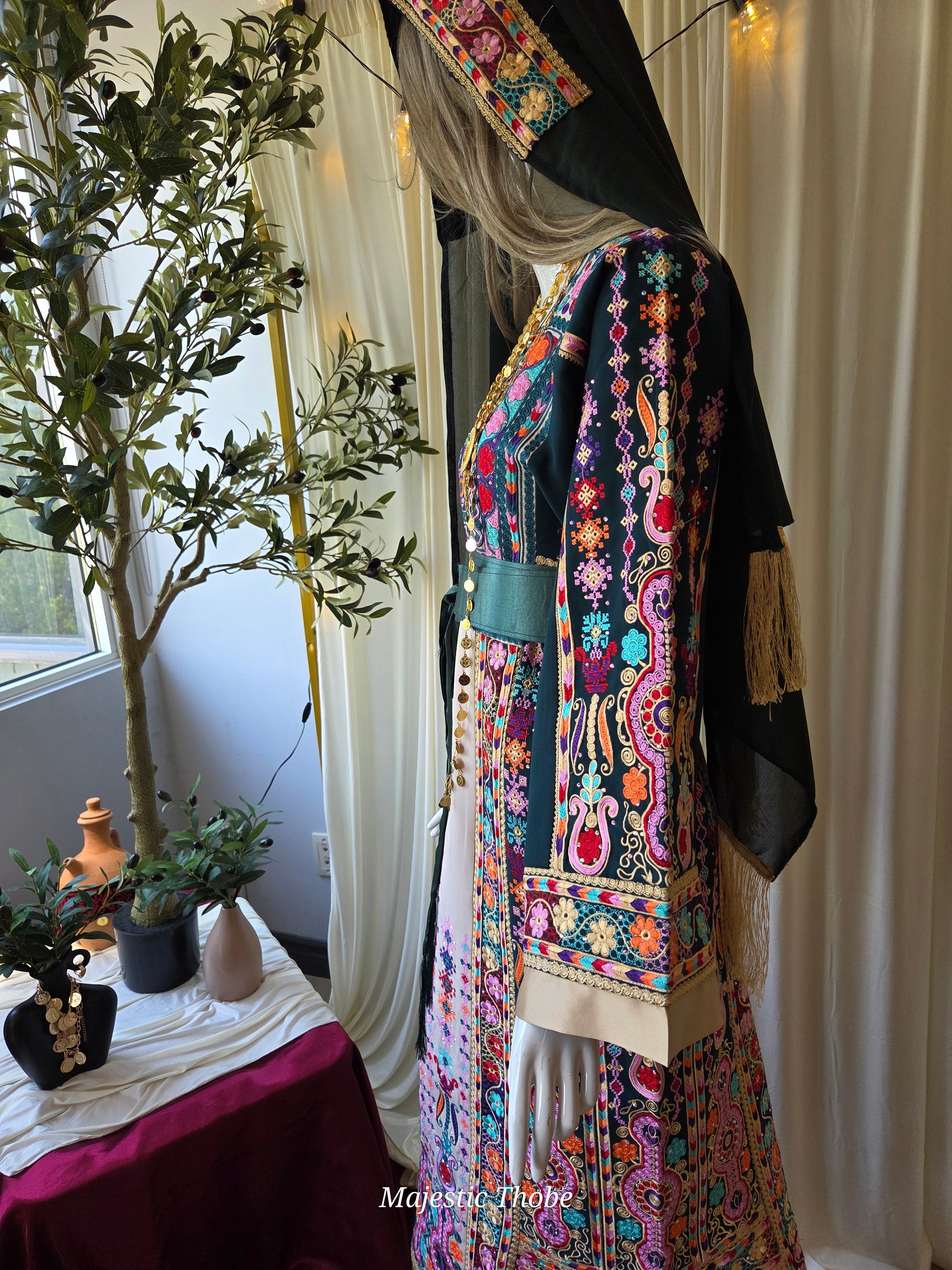 The Lujian Thobe - Green and Beige Diamond Traditional Full Tatreez Back and Front Thobe With Matching Head Veil