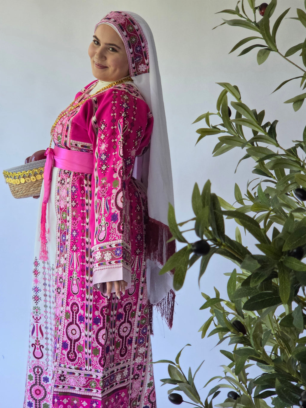 The Lujian Thobe - Hot Pink and White Diamond Traditional Full Tatreez Back and Front Thobe With Matching Head Veil