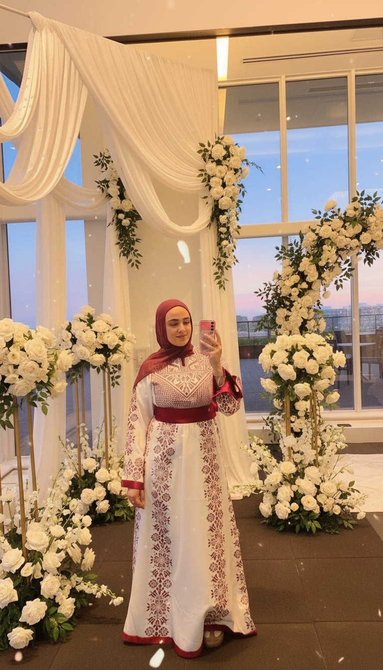Leyla Thobe Bridal White and Red Traditional Full tatreez Back and Front Thobe With Matching head Veil