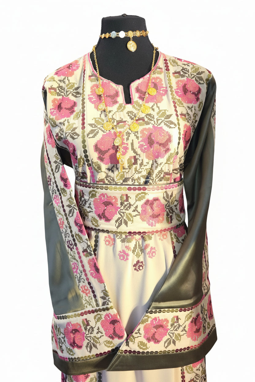 The Warda Thobe - Green & Pink Traditional Full Tatreez Back and Front With Satin Thobe