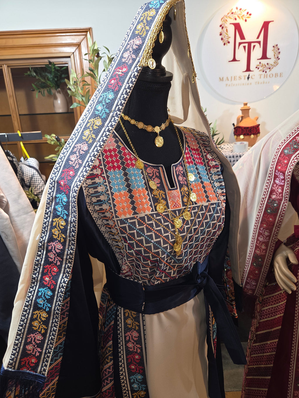 Naya Thobe - Blue and White Embroidered Tatreez Thobe with Matching Head Veil (Palestinian Thobe/ Dress)