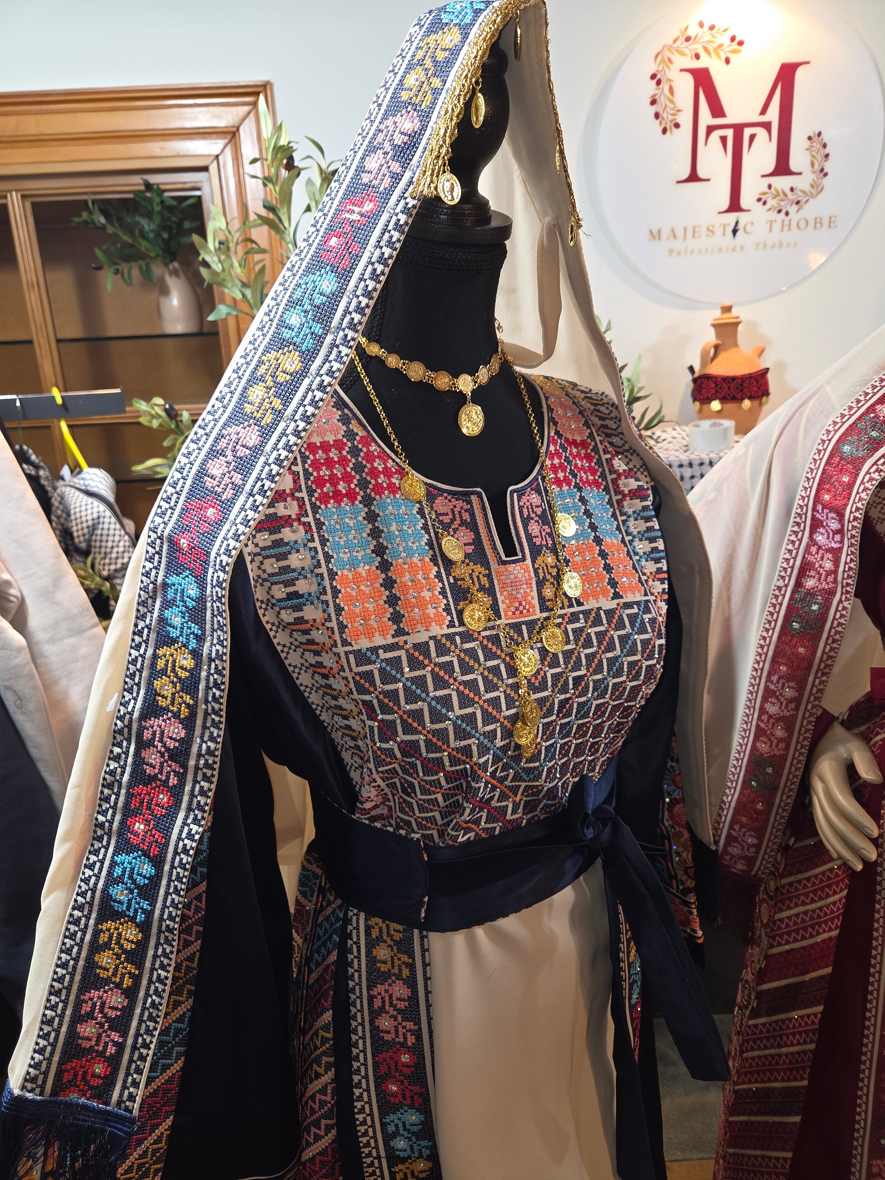 Naya Thobe - Blue and White Embroidered Tatreez Thobe with Matching Head Veil (Palestinian Thobe/ Dress)