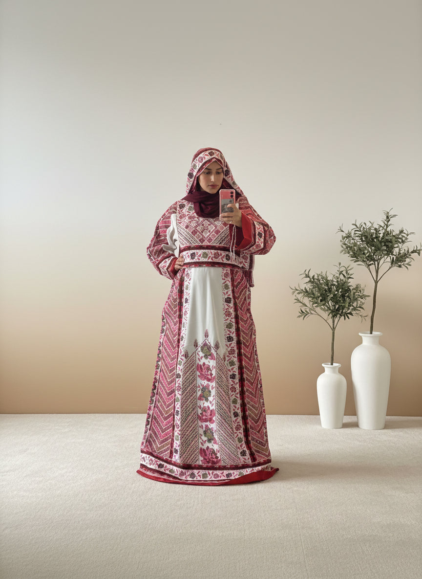 The Flora Thobe - Bridal Floral Traditional Full Tatreez back and front Thobe With Head Veil