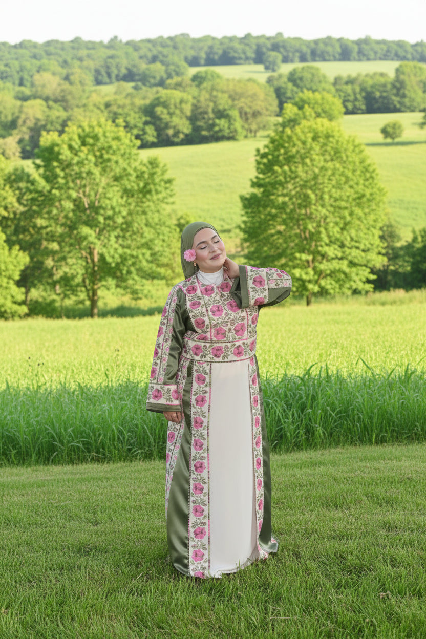 The Warda Thobe - Green & Pink Traditional Full Tatreez Back and Front With Satin Thobe