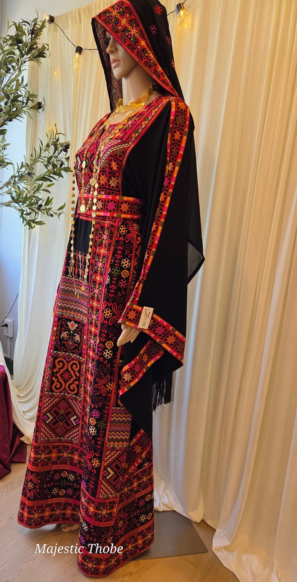 The Carmen Thobe - Palestinian Embroidered Black & Red Thobe with Matching Head Veil, Belt & Extra Long Sleeves | Traditional Tatreez Dress