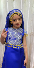 Kids Blue Long Sleeveless Full Embroidered Palestinian Thobe With Head Veil