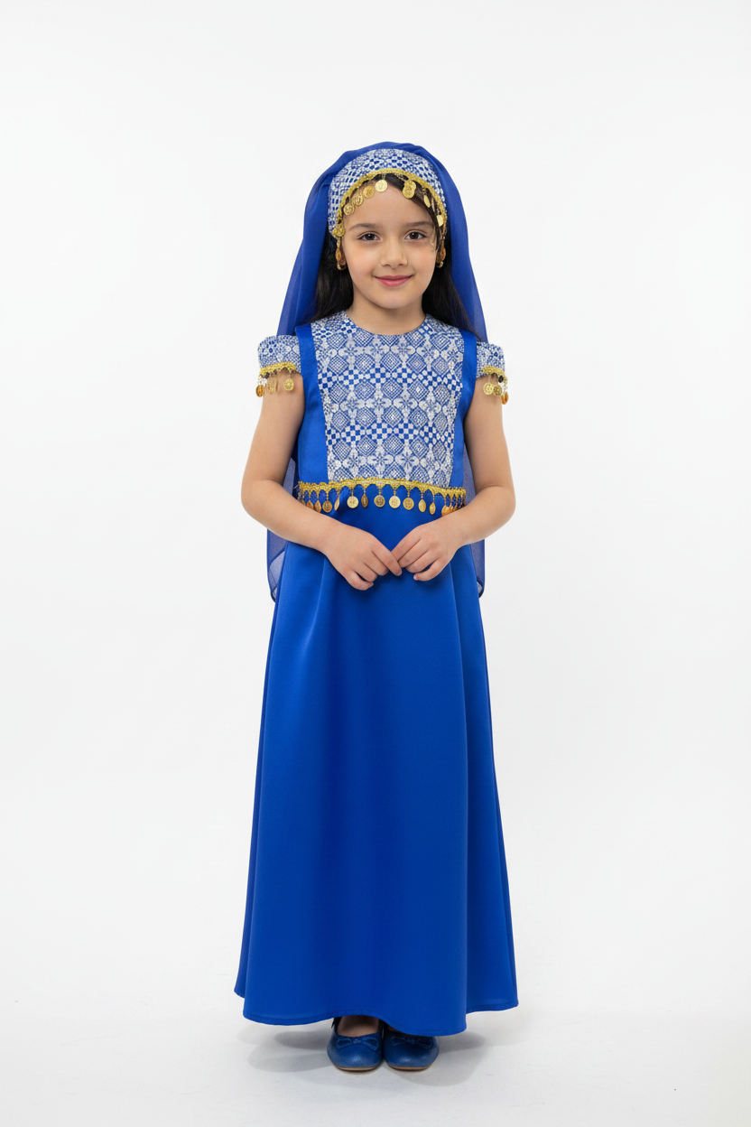 Kids Blue Long Sleeveless Full Embroidered Palestinian Thobe With Head Veil