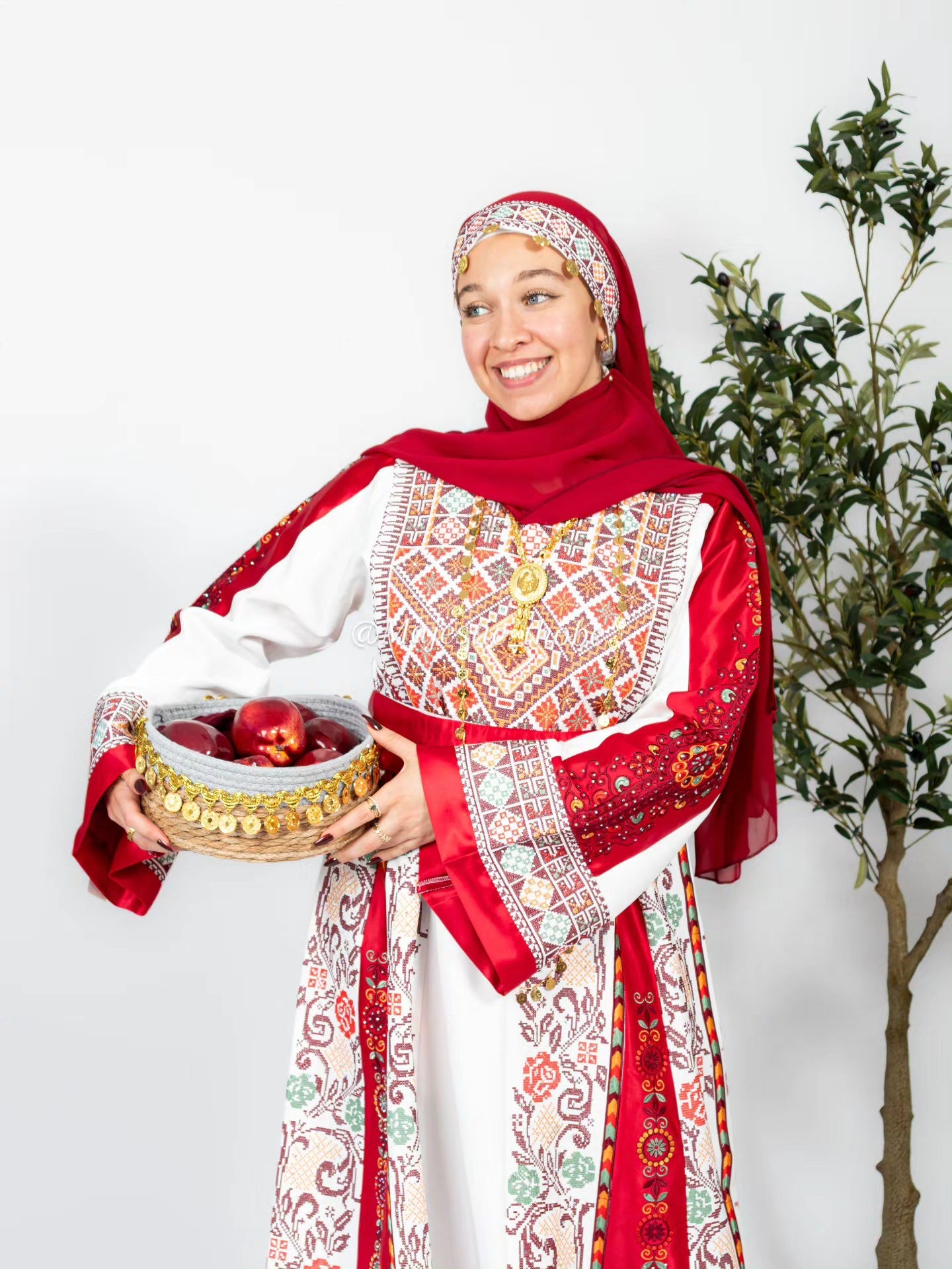 The Nisma Thobe - Bridal White and Red Traditional Full tatreez Back and Front Thobe With Matching Head Veil